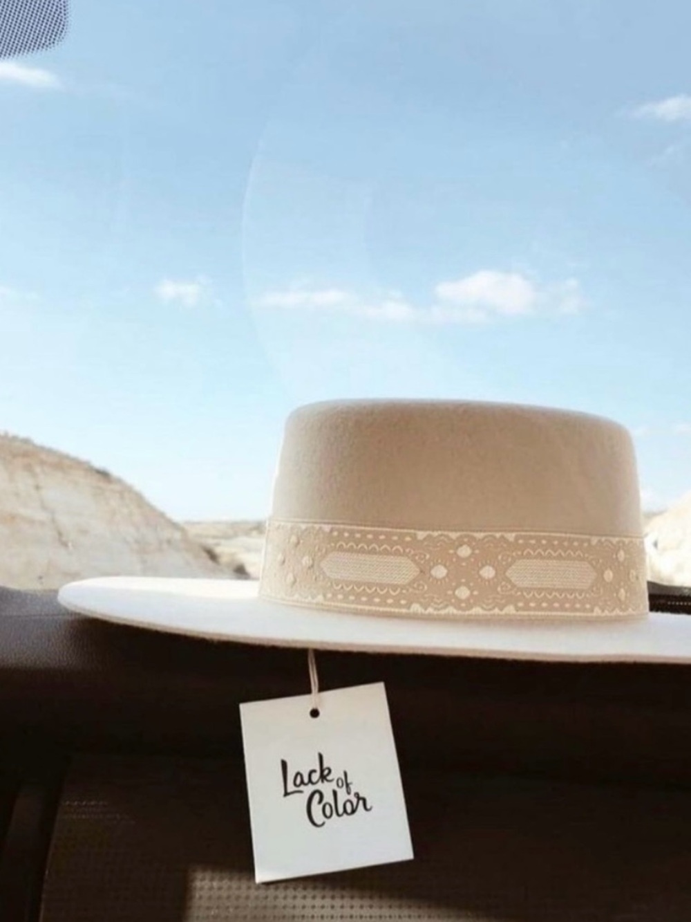 Lack Of Color Beige Felt Wide-Brim Boater with Decorative Band